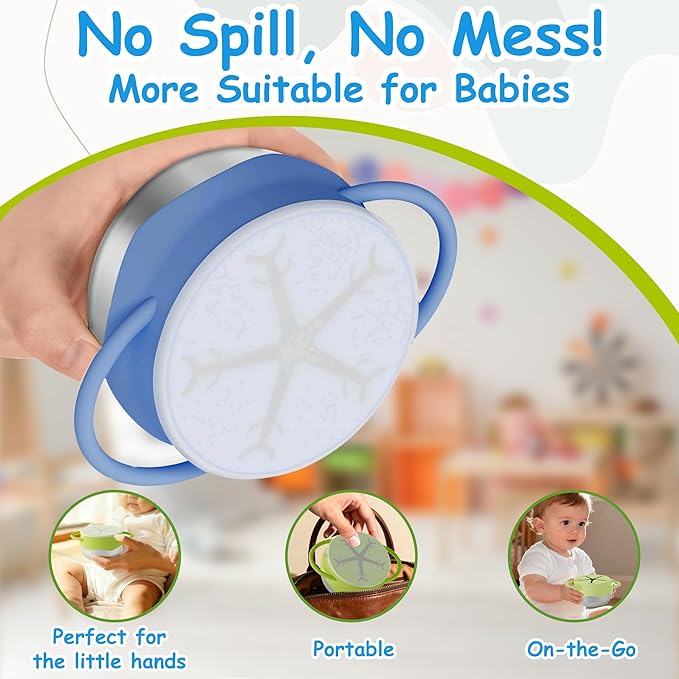 2 Pack 3-in-1 Stainless Steel Snack Containers for Toddlers with Spill-Proof Silicone Lids & Dual Handles - Baby Snack Box, Toddler Snack Cups, Perfect for Healthy Eating (Blue+Green)