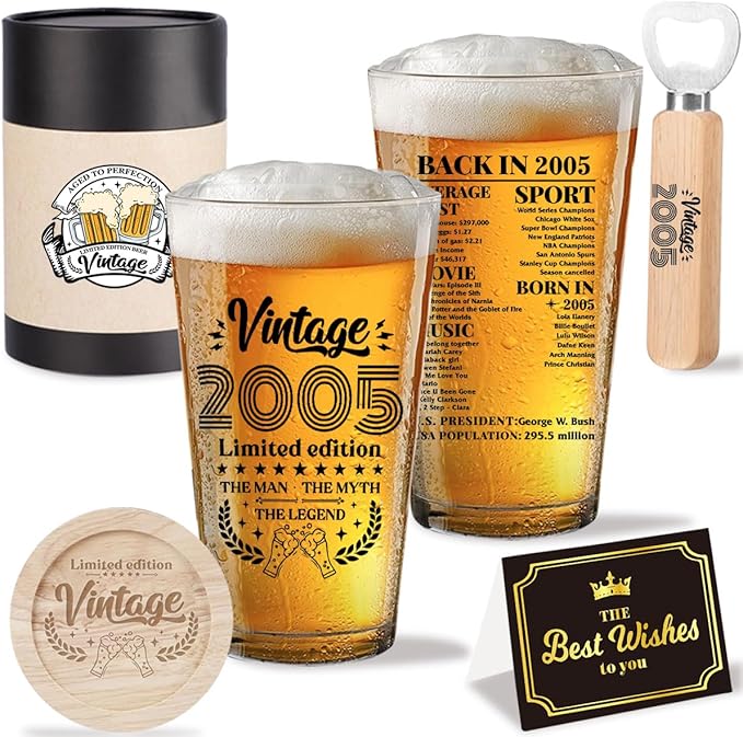 Funny 21st Birthday Gifts for Him Birthday Gifts for 21 Year Old Men Vintage 2005 Beer Drinking Glass Happy Anniversary 21st Birthday Party Decorations for Him - 2026