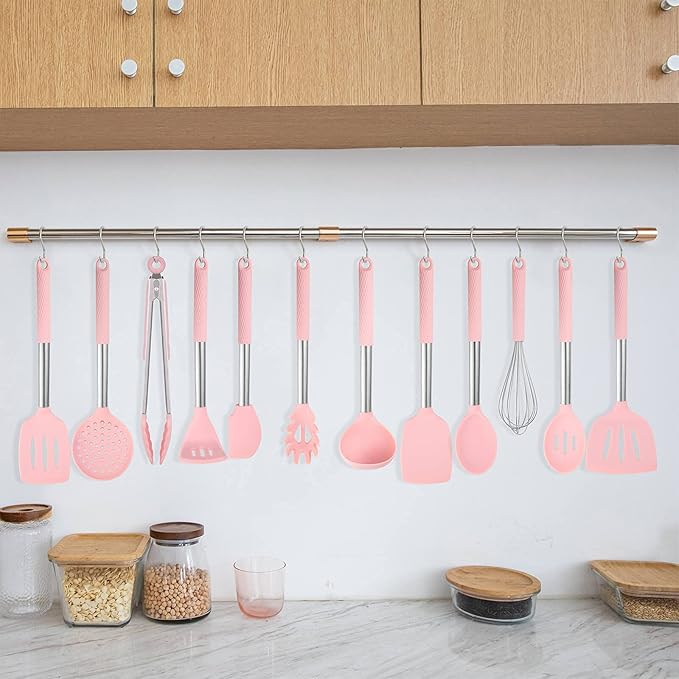 Rorence Kitchen Utensil Cooking Utensil Set for Baking Mixing: 12 Pieces Kitchen Gadgets Non-Stick & Heat Resistance Silicon and Stainless Steel Handles (Utensil Holder Not Included) - Pink