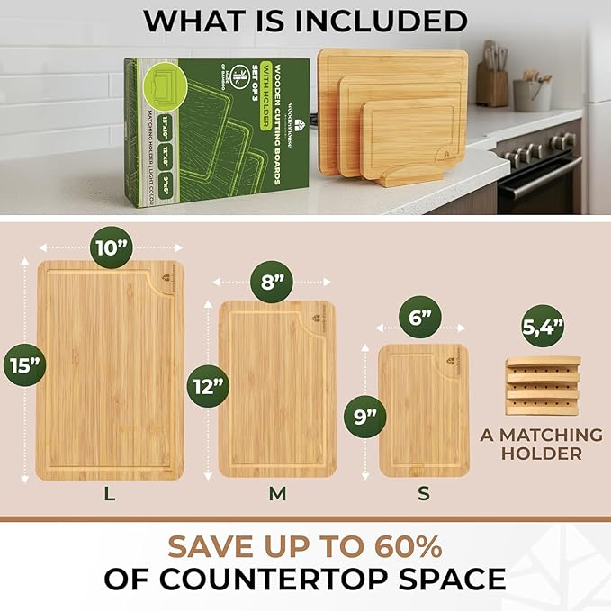 Bamboo Cutting Board Set of 3 with Holder – Durable Wooden Boards for Kitchen, Chopping & Serving – Eco-Friendly by Woodenhouse