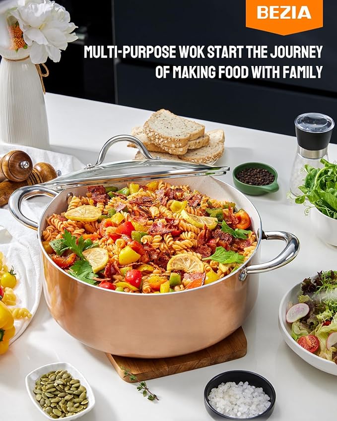 BEZIA Large 10 Quart Nonstick Cooking Pot with Lid, Induction Stock Pot, Soup Pot for All Stovetops, Non-toxic and Oven Safe, PFOA PFAS Free, Golden