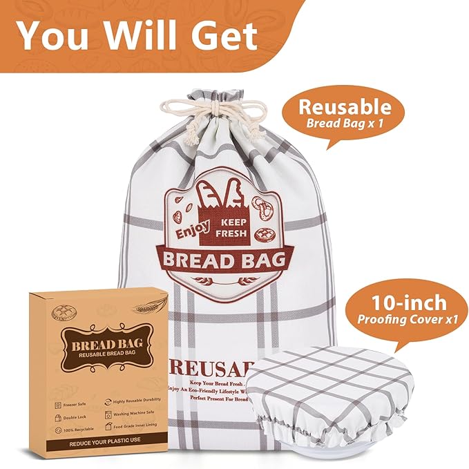 Bread Bag for Homemade Sourdough Bread and Proofing Cover, Reusable Linen Sourdough Bread Storage Bag - Bread Boxes with Dough Proofing Bowl Cover