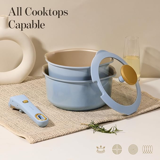 CAROTE 2.0Qt & 3.0Qt Titanium Nonstick Reinforced Sauce Pan Sets with Lid, Non-Stick Saucepans Cookware Set with Pour Spout with Detachable Handle, PFOS, PFOA Free, Induction Comptable, Blue