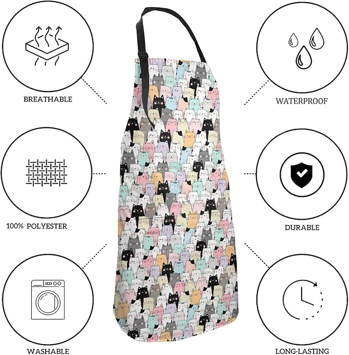 Cat and Dogs Animals Adjustable Bib Neck Chef Aprons, Kitchen Bbq Waterproof Apron with 2 Pockets For Mom Dad