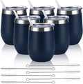 6 Pack Stainless Steel Wine Tumblers, 12Oz Insulated Wine Tumbler, Double Wall Insulated Wine Glass, Stainless Steel Stemless Wine Cups with Lids for Coffee, Wine, Cocktails, Champaign, Navy Blue