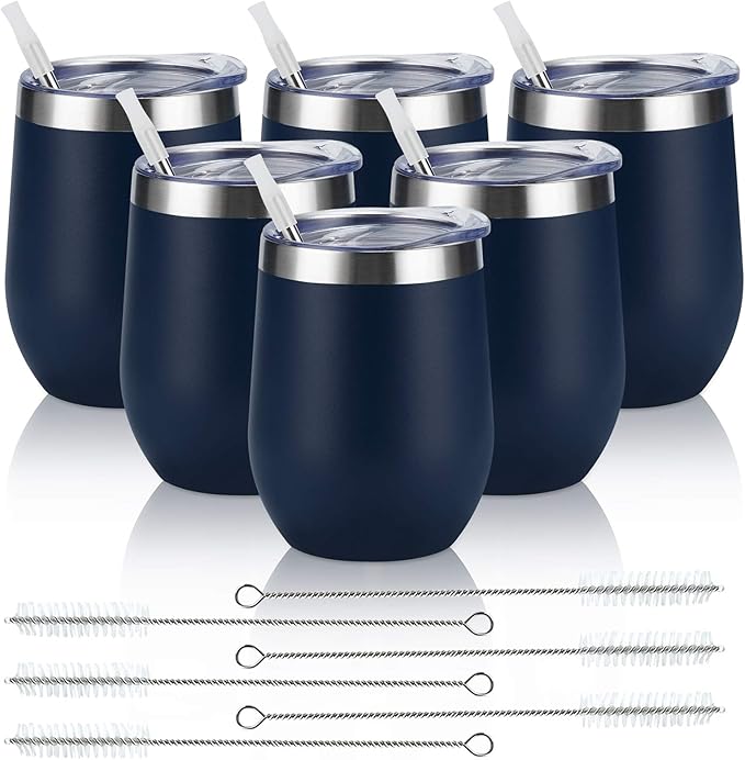 6 Pack Stainless Steel Wine Tumblers, 12Oz Insulated Wine Tumbler, Double Wall Insulated Wine Glass, Stainless Steel Stemless Wine Cups with Lids for Coffee, Wine, Cocktails, Champaign, Navy Blue
