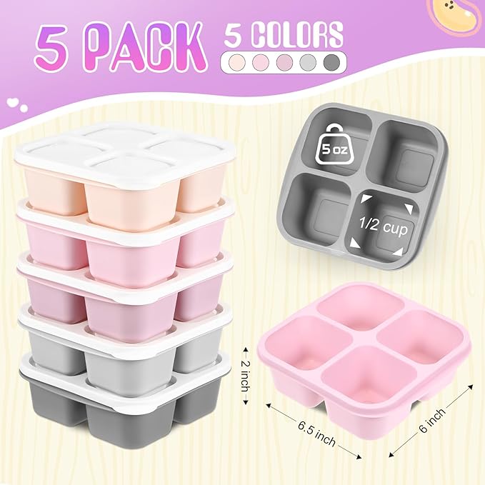Honeydak 5 Pack Snack Containers 4 Compartment Bento Snack Boxes Reusable Lunchable Containers with Lids Divided Meal Prep Lunch Food Storage Box for School Work Travel(Gray and Pink Ombre,Equal)