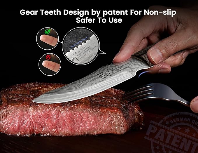 Steak Knives Set of 6, 4.8 Inch Carbon Steel Japanese Style Non-Serrated Meat Knife with Damascus Pattern, Ergonomic Full-Tang Non-Slip Wooden Handle, Thanksgiving Christmas Cooking Gifts
