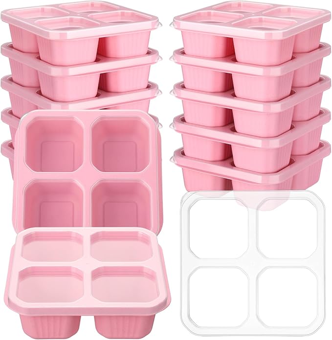 12 Pcs 4 Divided Compartments Snack Containers Bento Wheat Straw Snack Box with Lid Reusable Meal Prep Lunch Box Food Storage Containers for Adults Christmas Travel Work Gifts(Pink)