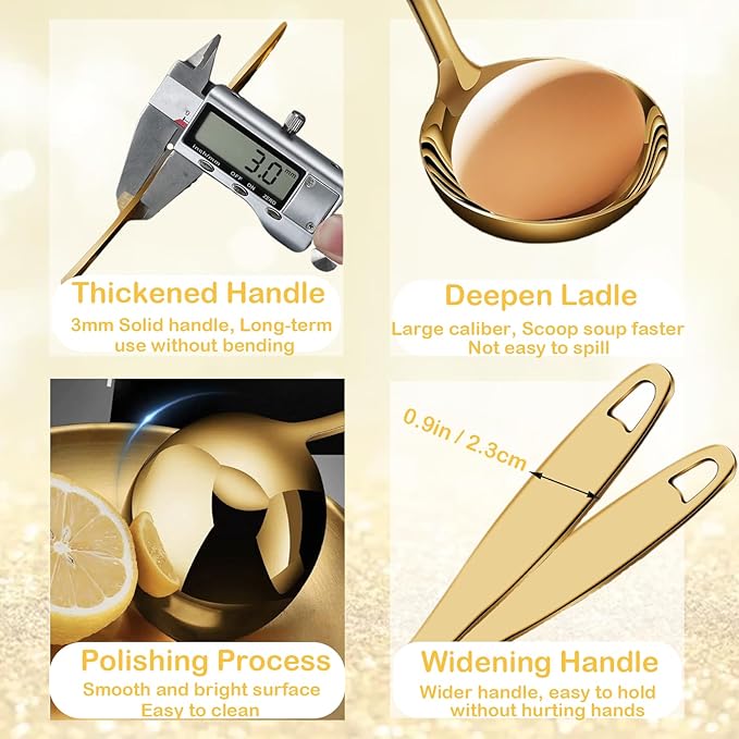 Soup Ladle Soup Spoons 304 Stainless Steel Gold Ladle, 12.2Inch Long Handle Large Serving Spoon for Cooking Buffet, Party, Kitchen, Gold