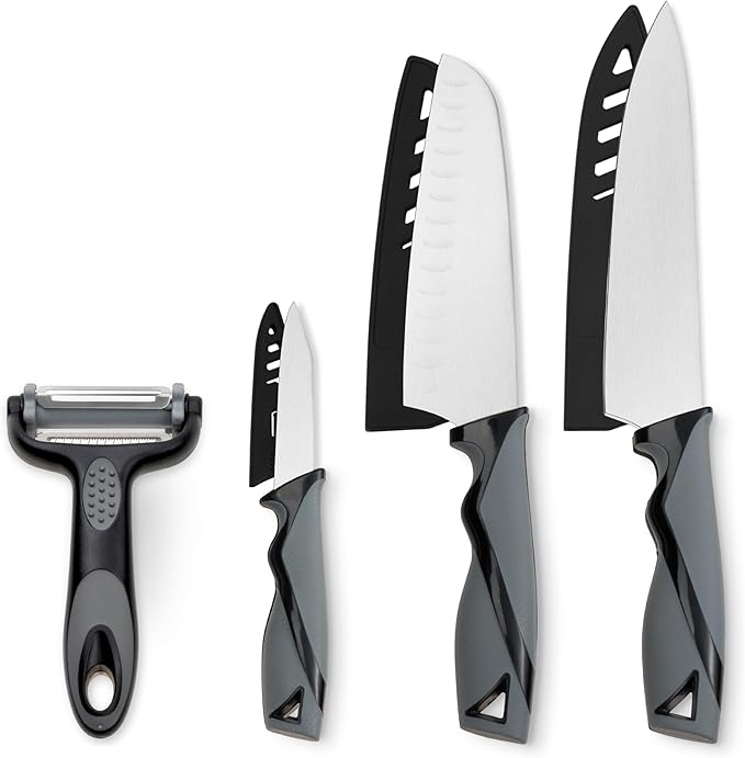 DFACKTO 7-Piece Kitchen Knife Set with Vegetable Peeler without Block – Stainless Steel Knives for Kitchen, Dishwasher Safe Cooking Knife Set with Covers, Sharp Cutting Knives for Cooking – Black Gray