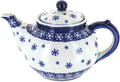 Blue Rose Polish Pottery - Blue Snow Flurry Teapot - 5 Cup Capacity - Polish Pottery Holiday Teapot, Festive Design for Coffee & Tea Service