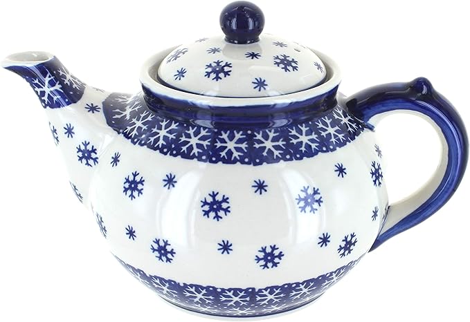 Blue Rose Polish Pottery - Blue Snow Flurry Teapot - 5 Cup Capacity - Polish Pottery Holiday Teapot, Festive Design for Coffee & Tea Service