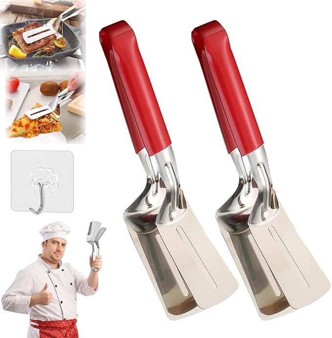 Stainless Steel Grill Clamp, 11.8 in Anti-Scald Extended Handle Spatula Tongs, Multifunctional Stainles Steels Double-Sided Food Flipping Spatula Tongs Clip, for Flipping Steak, Fish (2, B, Extended)