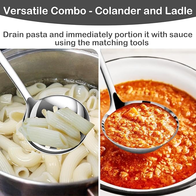 Soup Ladle Slotted Spoon Set, 304 Stainless Steel 12.2Inch Metal Ladle, Extra Large Soup Spoon with Long Handle for Serving, Cooking, Stirring, Serving Soups, Silver