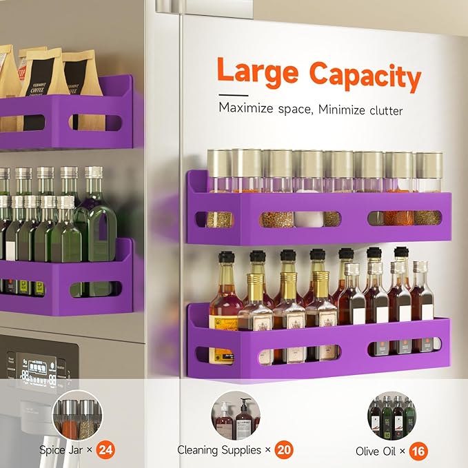 4 Pack Magnetic Spice Rack for Refrigerator, Spice Rack Organizer, Moveable Magnetic Shelf Fridge Organizer with 4 Hooks for Kitchen and Oven Organization, Purple