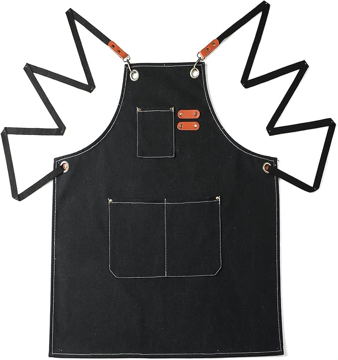 Chef Apron with Cross Back Straps for Men & Women, Cotton Canvas Adjustable Apron with Pockets for Cooking,Baking,BBQ,Painting,Gardening,Workshop(Black)