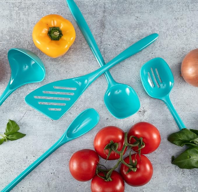 Hutzler 6-piece Melamine Cooking Utensils Set, Includes a 12-inch Long Slotted Spoon, Solid Spoon, Mixing Spoon, Slotted Turner, Soup Ladle, and Storage Crock, Turquoise