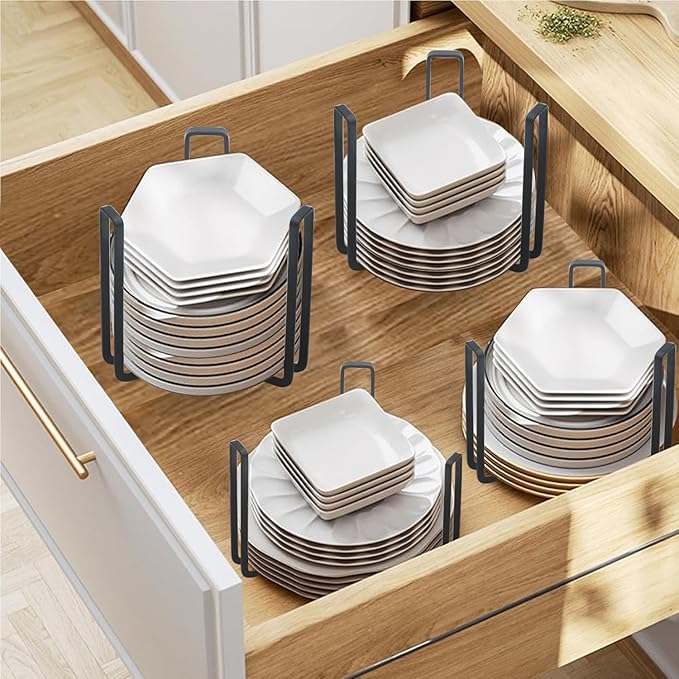 Dinnerware Bowl Plate Holder Fit for 6.5 Inches Diameters Bowl, Metal Bowl Storage Dying Display Rack for Kitchen Drawer, Countertop, Cabinet, Shelf, Cupboard (Black, Large 2PCS)