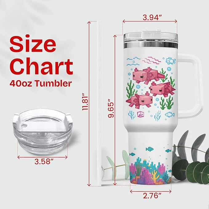 34HD Pixel Axolotl 40oz Tumbler with Handle and Straw – Cute Sea Animal Stainless Steel Water Cup – Insulated Coffee Travel Mug for Kids, Gamers, Women, Axolotl Lovers, Birthday Gift Christmas Gift