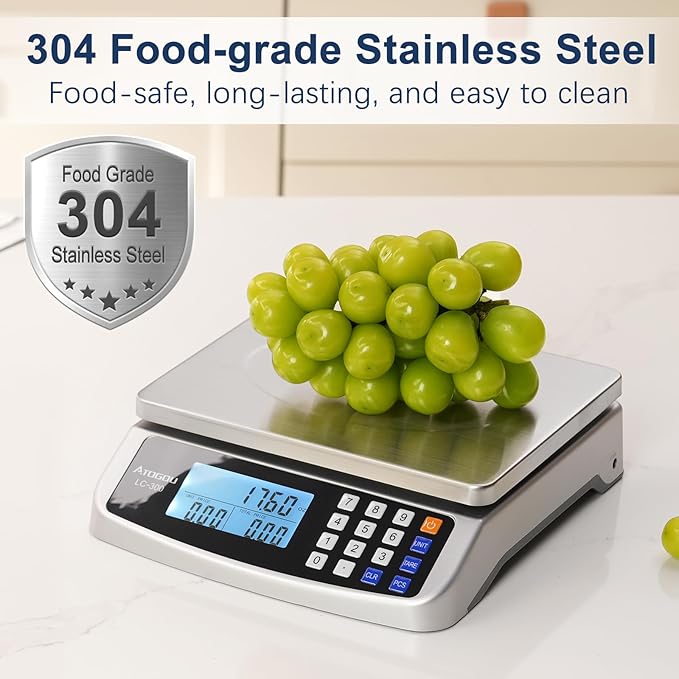 Atogou 66lb Food Scale, Commercial Kitchen Scale with Price Computing, Plug-in Usable, 0.05oz/1g, 304 Stainless Steel, for Cooking, Vegetables, Farm, Industry, Counting. LC300 Silver