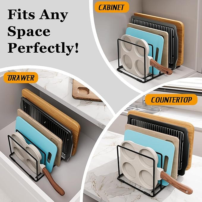 Kitchen Pan Organizer and Pot Rack, 5-Slot Steel Holder for Thin Pans, Baking Trays, and Cutting Boards - Space-Saving Storage
