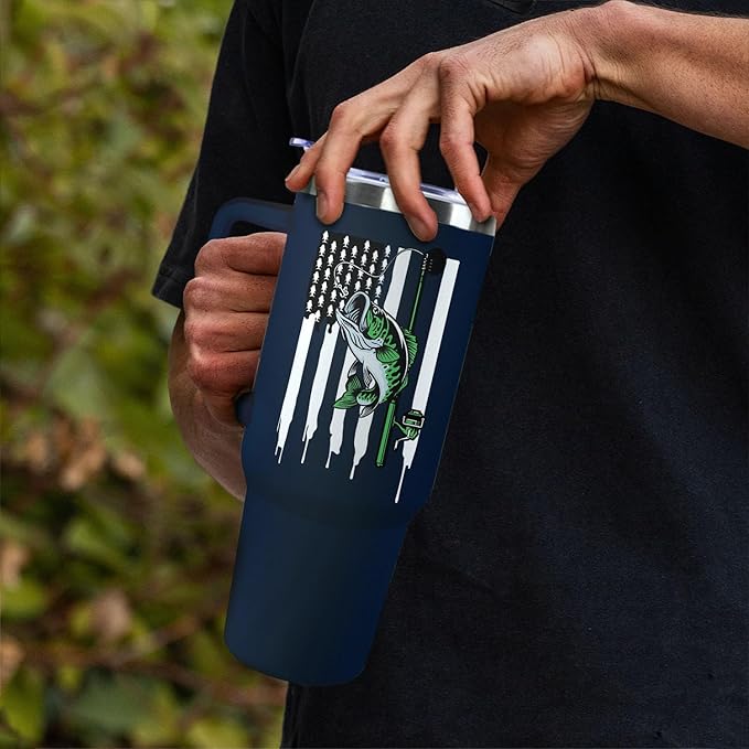 Fishing Tumbler with Handle For Men 40OZ Born to Fish Gift Stainless Steel Cups Insulated Tumblers Fisherman Gifts For Dad Daddy Funny Saying Green Fish White Mugs
