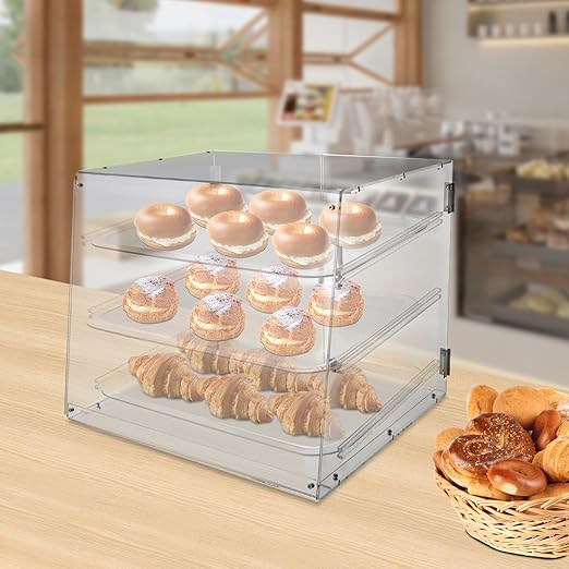 Commercial Bakery Pastry Display Case, 3-Tier Large Cookie Display Stand with Magnetic Door Lock, Adjustable Bread Box for Bakery, Coffee Shop, Snack Store