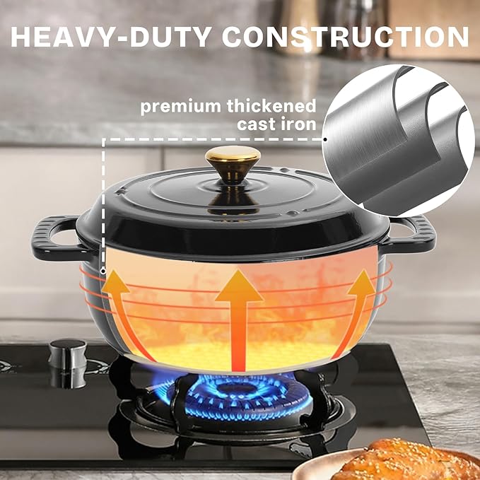 ROVSUN 5 Quart Enameled Cast Iron Dutch Oven with Lid, Dual Handles, Oven Safe up to 500°F or on Stovetop, Compatible for Braising, Stews, Roasting, Bread Baking-Black