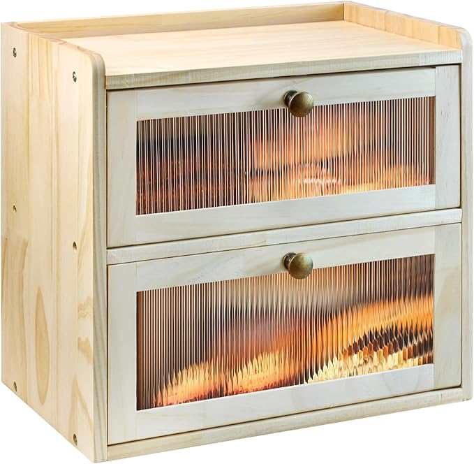 Bread Box for Kitchen Countertop, 2 Layer Large Capacity Wooden Bread Storage Container with Clear Wavy Acrylic Window Breadbox Holder Keeper Farmhouse Food Organizer for Christmas Xmas Gift