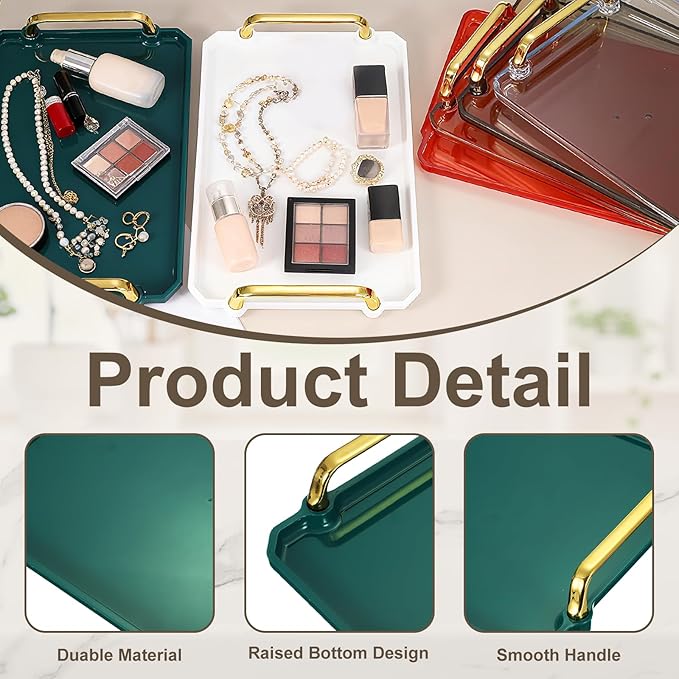 uxcell Plastic Serving Tray with Golden Handle, 16 x 8.7 Modern Rectangular Decorative Tray Acrylic Reusable Tea Platter for Countertop Bathroom Kitchen Home Restaurant, Dark Green