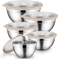 Onader Mixing Bowl Set of 5 for Kitchen, Stainless Steel Metal Nesting Mixing Bowls with Khaki Lids – Size 1.5, 2, 2.6, 3.5, 4.6QT