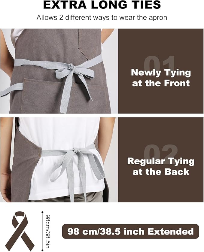 Womens Apron With Pockets Adjustable Shoulder Strap,Apron For Men 38.5" Extra-Long Straps Fit More Body Types,Chef Apron For Kitchen Garden Barbecue Woodworking
