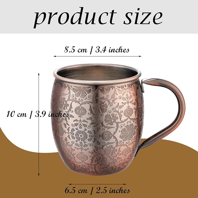Moscow Mule Mugs - 18 Oz Copper-Plated Fine Craftsmanship Etched Mugs,304 Stainless Steel-Lined Mule Cups,For Cold Drinks, Beer, Wine, Bars, Parties