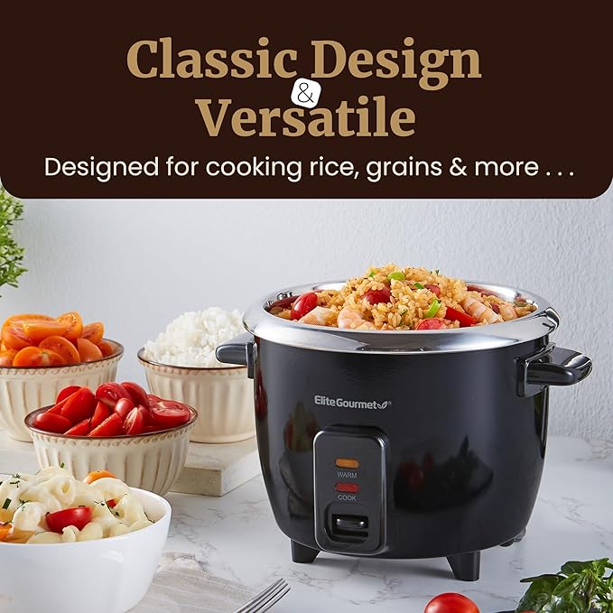 Elite Gourmet ERC006XSS 6-Cup Electric Rice Cooker with 304 Surgical Grade Stainless Steel Inner Pot, Makes Soups, Stews, Porridges, Grains and Cereals, 6 cup (3 cups uncooked), Black