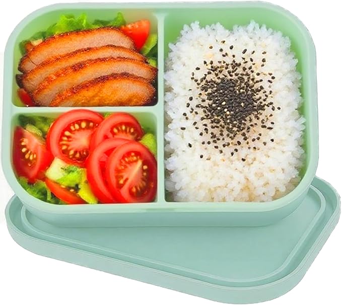 Silicone Adult Bento Box, 3 Compartment Leakproof Silicone Lunch Container, Lunch Box for Men and Women, BPA-Free, Microwave/Dishwasher/Freezer Safe, Reusable Snack Containers (Green)
