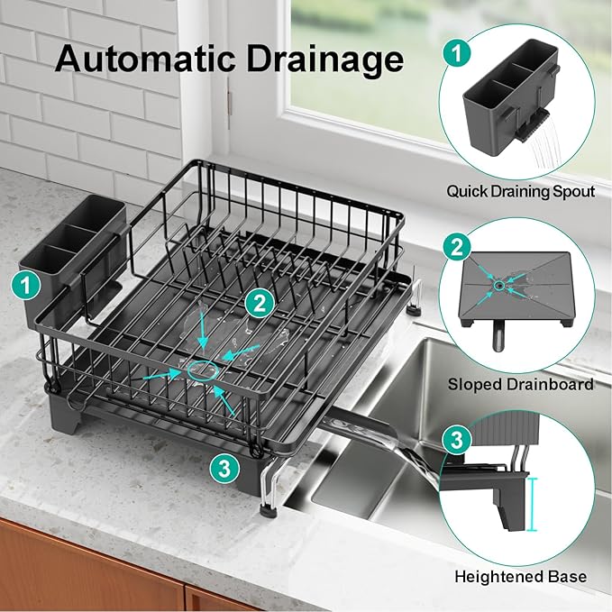 Swedecor Extendable Dish Drying Rack, Large 2-in-1 Dish Racks for Kitchen Counter with Drainboard & Pan Slots, Anti-Rust Over Sink Dish Drainer, 12.6" to 22.4" L x 16.7" W, Black