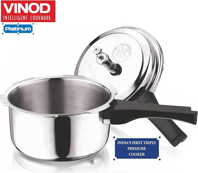 Vinod Platinum Triply Stainless Steel Outer Lid Pressure Cooker102 oz Capacity - ISI Certified, Silver, Induction Friendly, Pressure Cooker for Home Cooking