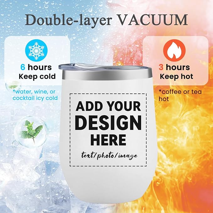 MEWAY Personalized Custom 12oz Wine Tumbler with Lid, Insulated Double Wall Vacuum Travel Tumbler Gifts with Text Photo Logo (White, 1pack)
