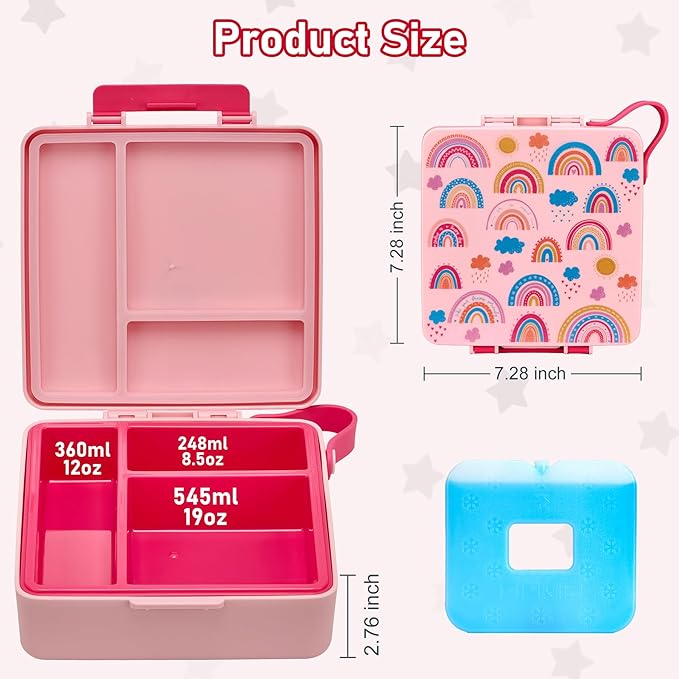 Chill Bento Lunch Box for Kids Adult with Ice Pack,Leak Proof 3 Compartments Lunch Container for Kids,Ice Pack Detachable Bento Box,BPA Free,Dishwasher & Microwave Safe-Rainbow