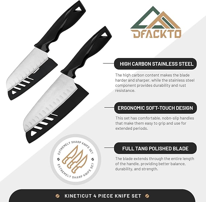 DFACKTO 2-Piece Santoku Knife Set – Stainless Steel Kitchen Cooking Knives w/Protective Covers, Dishwasher Safe, No Block, Sharp Chef Cutlery for Chopping, Cutting, Slicing Meat & Vegetables - Black