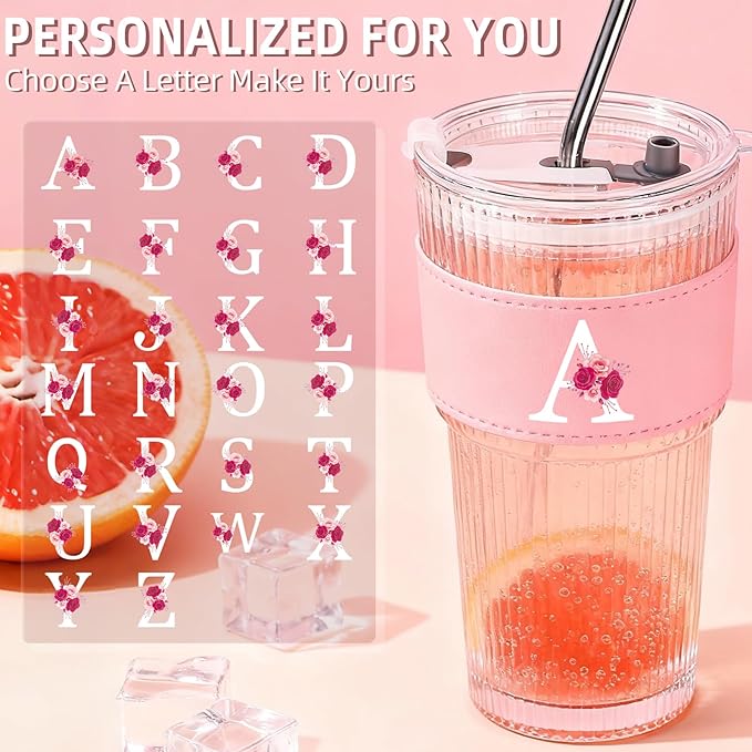 Personalized Gifts for Women,20oz Ribbed Glass Tumbler,Monogrammed Gifts for Women,Birthday Gift,Ice Coffee Mug,Christmas Gift for Mom Sister-A
