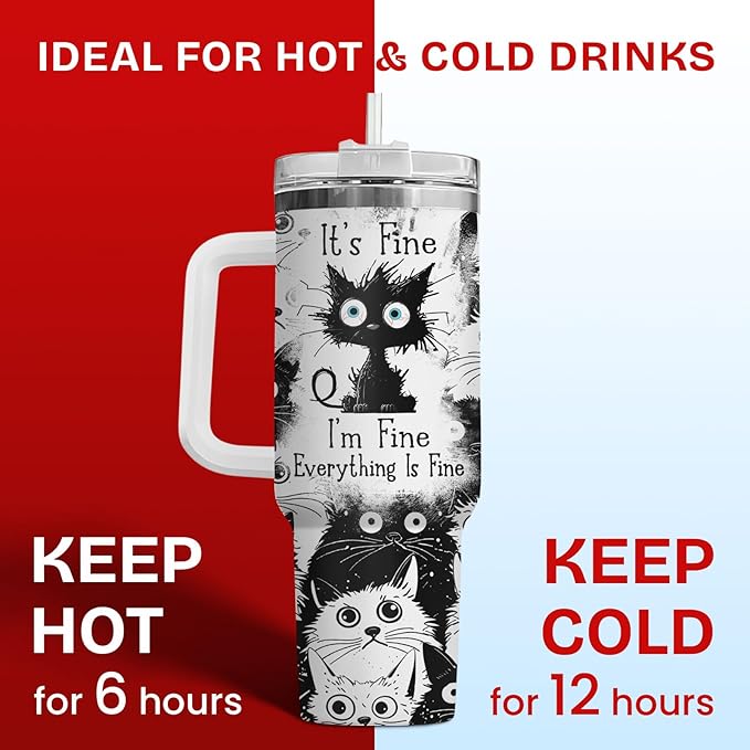 34HD Funny Black Cat Tumbler with Handle and Straw, 40oz Stainless Steel Vacuum Insulated Everything Is Fine Cup, Cat Lover Gifts for Women Birthday Mothers Day Halloween Christmas