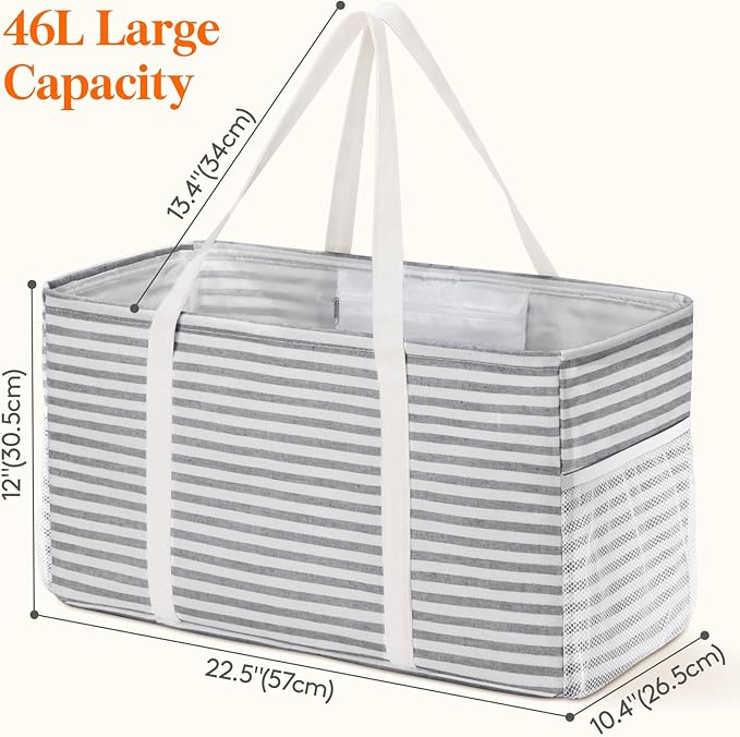 Lifewit Extra Large Tote Bag, Reusable Grocery Bags with Metal Wire Frame and Handles, Standing Utility Foldable Shopping Bags for Storage, Picnics, Beach, Pool, Laundry, Car, Camping 2 Packs 46L Grey