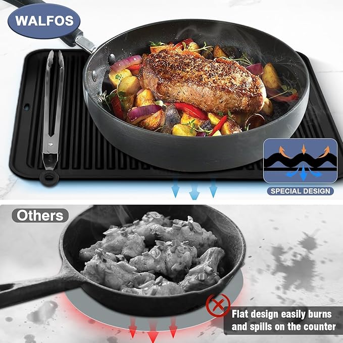 Walfos XXL Silicone Trivet 16 Inch and Round Trivets 9 Inch & 7 Inch, Trivets for Hot Pots and Pans, Heat Resistant Pot Holders Hot Pads for Kitchen Quartz Countertops, Hot Dishes, 5 Pack, Black
