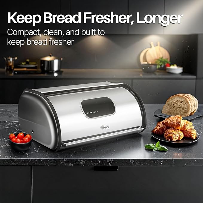 Flexzion Stainless Steel Bread Box for Kitchen Countertop (13 inch) Metal Bread Storage with Roll Up Lid & Front Window for Restaurant & Homemade Cakes, Buns, Pastries, Pancakes, Cookies