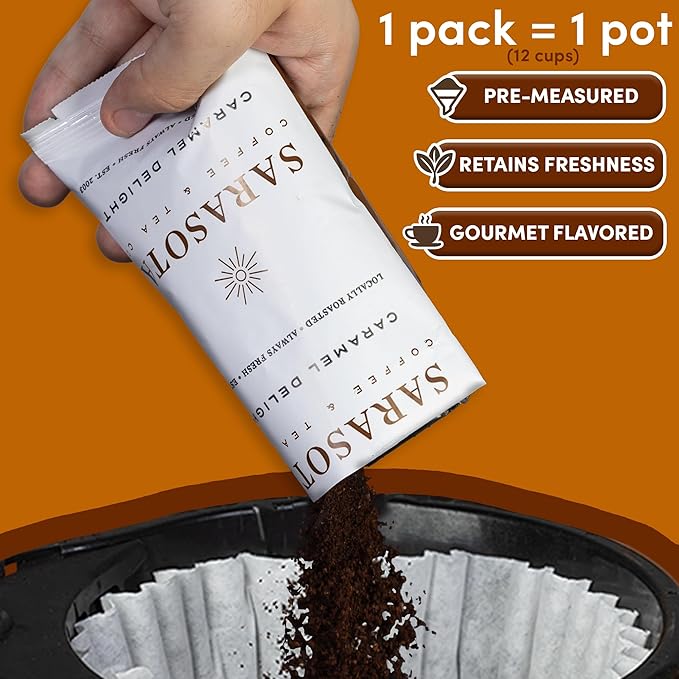 Coffee Packets – Salted Caramel Flavored Ground Coffee Packs | Gourmet Medium Roast, Low Acid Mold Free Pre-Measured Pouches for 12 Cup Brewers | 2 oz Single-Pot Bags, 36 Count – Sarasota Coffee