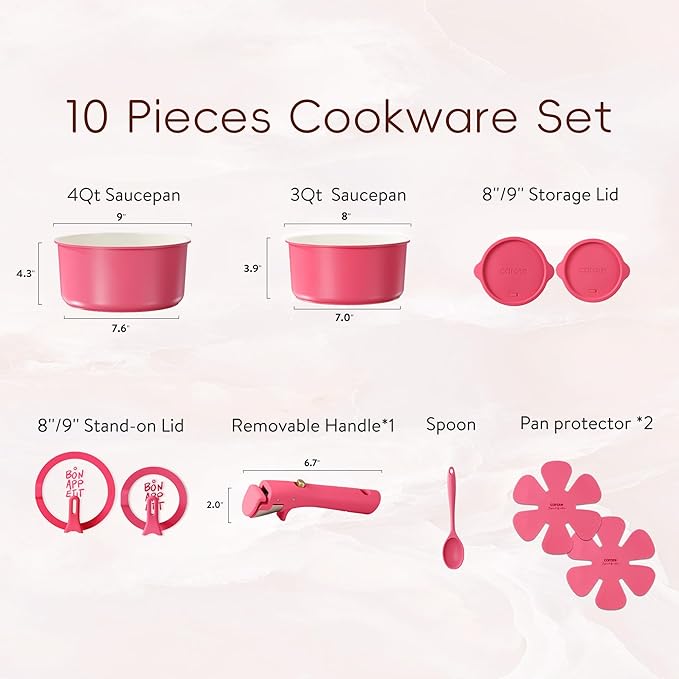CAROTE Ceramic Sauce Pan Sets with Stand-Up Lid 3QT & 4QT, 10 Piece NonStick Kitchen Cookware Sets with Detachable Handle, Non Toxic Cooking Pot, Oven Safe, Induction Ready, Pink