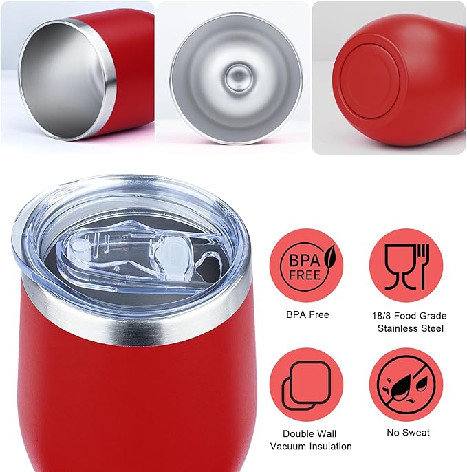 MEZMUT 12 Oz Insulated Wine Tumbler with Lid Double Wall Vacuum Stainless Steel Wine Glass Coffee Mug Insulated Tumbler Cup for Champaign, Cocktail, Beer (Red, 1 Pack)