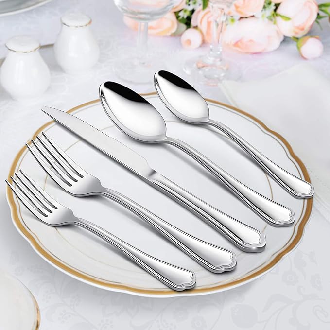 40-Piece Silverware Set, E-far Stainless Steel Flatware Cutlery Set Service for 8, Metal Tableware Eating Utensil Set, Dinner Knives/Forks/Spoons, Scalloped Edge & Mirror Polished - Dishwasher Safe